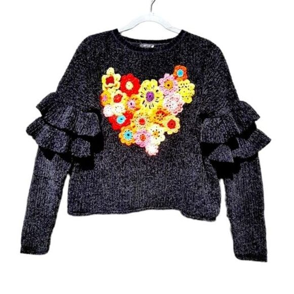 Apt. 9 Sweaters - Apt 9 Floral Sweater Black Chenille Ruffles Sleeves Flowers Embroidered Size L